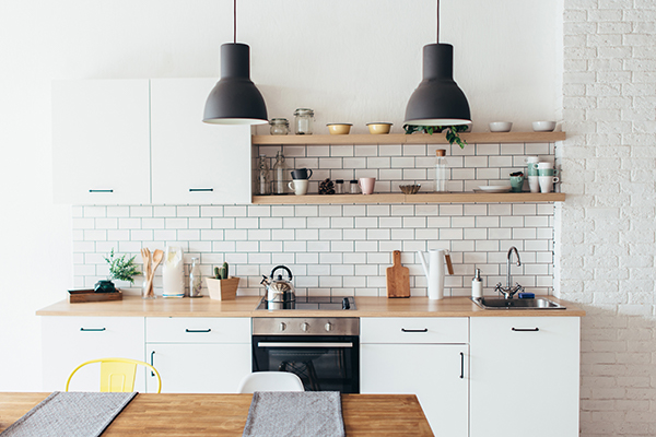 Kitchen decor with white and natural wood 